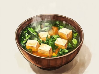 Steaming miso soup with vibrant greens and tofu, served in an elegant bowl
