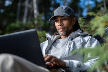 Fototapeta premium A man is focused on his laptop while sitting in a tranquil natural setting, blending technology and nature seamlessly through relaxation and productivity.