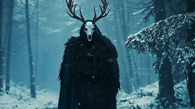 Mysterious cloaked figure wearing a deer skull with antlers stands in a snowy forest, evoking folklore, mythology, and horror themes.
