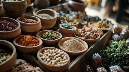 Variety of Spices and Herbs Displayed in Bowls at Market