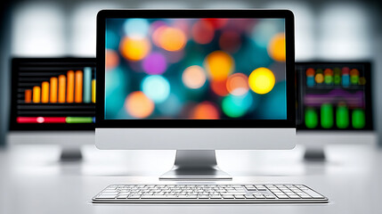Modern Computer Setup with Colorful Bokeh and Data Dashboards – Generative AI Technology Concept