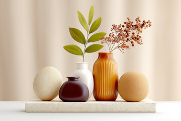Muted Tones Decorative Vase Arrangement On Stone Platform. Generative AI