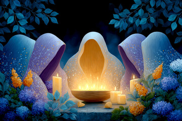 Mystical Gathering Scene Illuminated by Candles and Surrounded by Floral Elements. Generative AI
