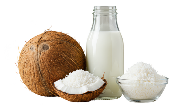 Isolated Transparent Background of Coconut Milk with Shredded Coconut