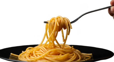 Isolated Transparent Background of Cooked Spaghetti on Black Plate Lifted