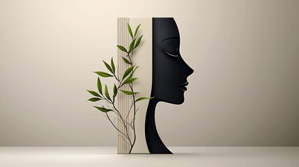 Profile of a woman, with plant elements, on a light beige background.  Art Deco, Minimalist,  Silhouette
