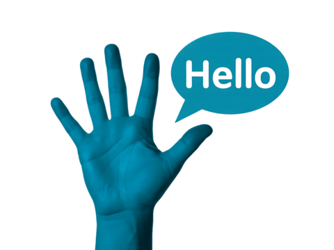 Human hand in blue gesturing a greeting with a hello speech bubble and a white background - Powered by Adobe