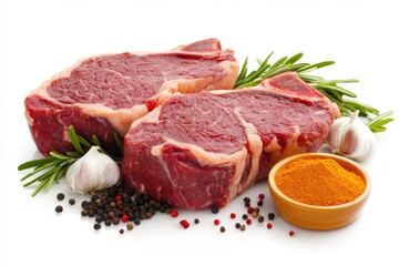 Fototapeta premium 2 Raw Beef Steaks with Herbs, Spices, and Garlic 