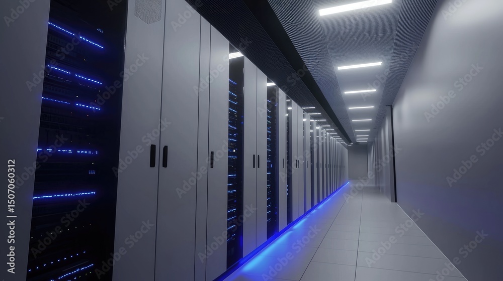 Fototapete modern clean server room with blue led lighting and white cabinets in perspective view, perfect for 