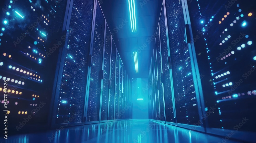 Aufkleber high-tech glowing data center corridor with illuminated server racks and polished blue floor, suitab