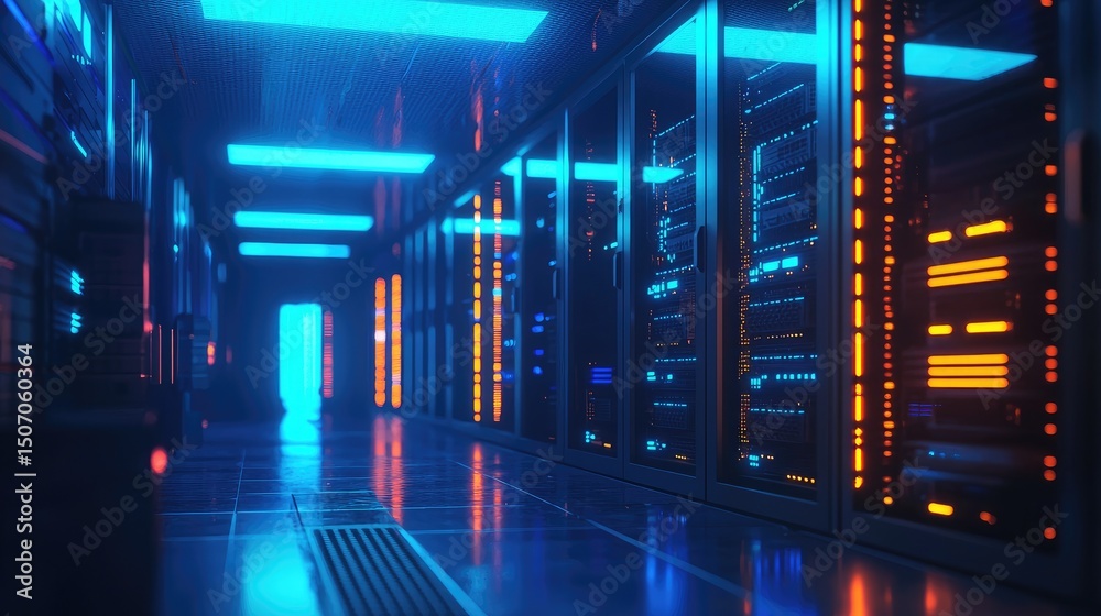 Poster Advanced digital server room with glowing orange and blue racks, featuring high-tech floor and lighting, ideal for cybersecurity visuals, AI tech, and data infrastructure designs