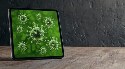 Fototapeta premium Digital tablet displaying a green illustration of viruses on a wooden table against a dark textured wall.
