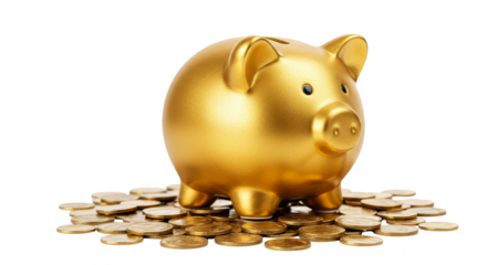 Isolated Transparent Background of Gold Piggy Bank on Gold Coins