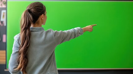 Woman pointing at green screen