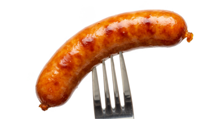 Isolated Transparent Background of Grilled Sausage on Silver Fork