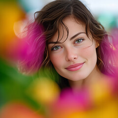 Woman's Portrait Surrounded By Colorful Blossoms With Soft Focus Effect. Generative AI