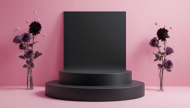 Blank podium with blacl roses on pink background. Showcase for product, perfume, jewelry and cosmetic presentation