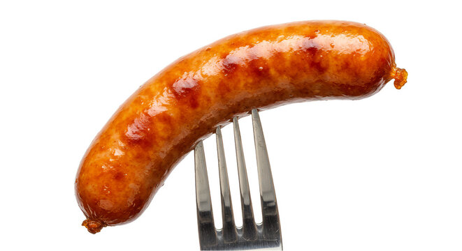 Isolated Transparent Background of Grilled Sausage on Silver Fork