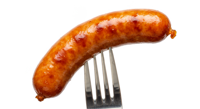 Isolated Transparent Background of Grilled Sausage on Silver Fork