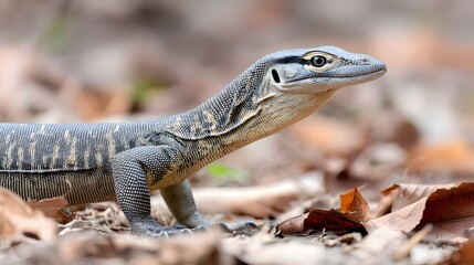 Fototapeta premium Monitor lizard crawling on dry forest floor