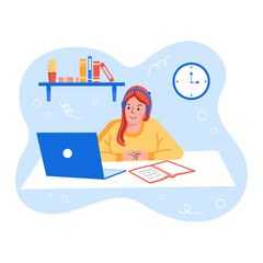 Vector Illustration of a Female Student Learning Online at Home – Distance Education, Remote Study, and Online Courses Concept for E-learning Platforms, Educational Blogs, and Infographics

