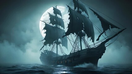 The ghostly pirate ship sails through the dark sea under a full moon, haunted and mysterious. - Powered by Adobe
