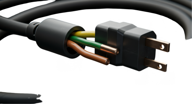 Isolated Transparent Background of Power Cord Cable Plug and Wires