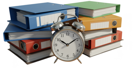 Illustration of Classic Clock with Red Blue Orange Folders Paperwork