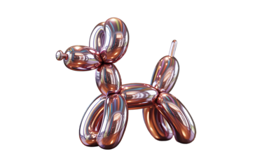 Metallic rose gold balloon dog sculpture isolated on black background with artistic reflections