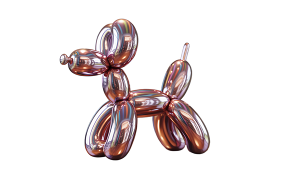 Metallic rose gold balloon dog sculpture isolated on black background with artistic reflections
