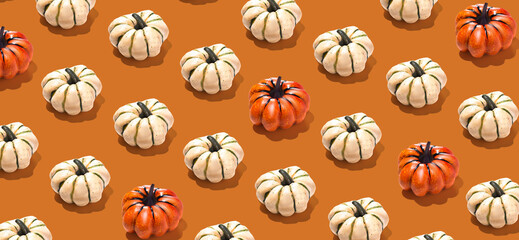 Banner with orange and white pumpkins pattern on orange background. Wallpaper Halloween concept background