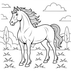 A black and white horse illustration line art of a coloring page