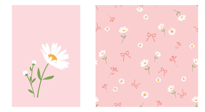 Seamless pattern with daisy flower and ribbon bows on pink background. Daisy flower vector.