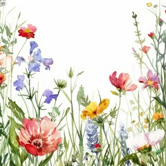 Watercolor wildflowers border frame, white background