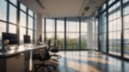 Beautiful blurred background of a light modern office interior with panoramic windows and beautiful lighting.