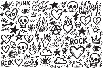 Punk Rock Doodle Vector Set – Hand Drawn Skull, Fire, Heart, Star, Lightning and Graffiti Elements in Grunge Marker Style for Stickers, Tattoos, Streetwear Prints and Alternative Music Graphics