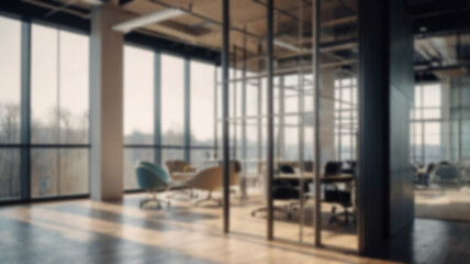 Beautiful blurred background of a light modern office interior with panoramic windows and beautiful lighting.