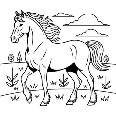 A black and white horse illustration line art of a coloring page