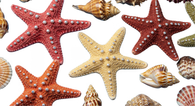 Isolated Transparent Background of Starfish and Seashells Summer Holiday