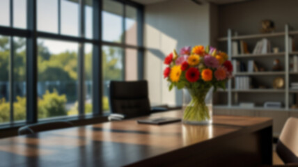 Beautiful blurred background of a light modern office interior with panoramic windows and beautiful lighting.