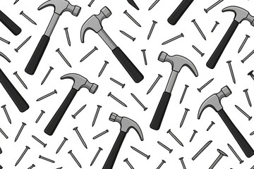 Seamless pattern hammers nails tools construction. DIY home improvement carpentry building hardware. Claw hammer toolkit handyman repair workshop craftsmanship background