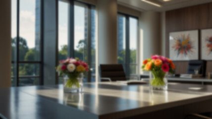 Beautiful blurred background of a light modern office interior with panoramic windows and beautiful lighting.