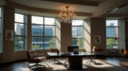 Beautiful blurred background of a light modern office interior with panoramic windows and beautiful lighting.