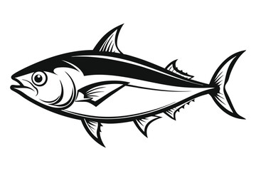 Black and White Graphic Illustration of a Tuna Fish with Detailed Fins