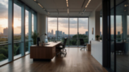 Beautiful blurred background of a light modern office interior with panoramic windows and beautiful lighting.