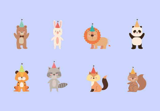 Brown And Orange Bear Rabbit Tiger Lion Party Illustrations Set