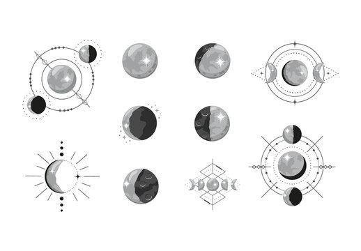 Gray And Black Moon Phases Lunar Celestial Astronomy Illustrations Set