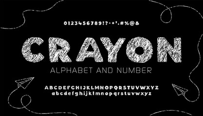 Chalkboard Crayon Kids Alphabet – Hand-Drawn White Font in Scribble Style Imitating Chalk on Black Background for School Posters, Education Materials, and Fun Designs.