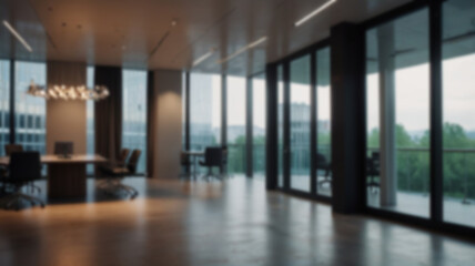 Beautiful blurred background of a light modern office interior with panoramic windows and beautiful lighting.
