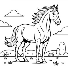 A black and white horse illustration line art of a coloring page 